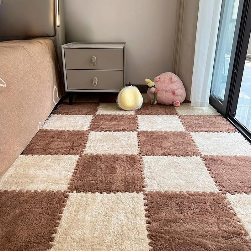 BXEBUI 12pcs Carpet Squares Puzzle Floor Mat, Plush Interlocking Carpet Tiles, Anti Slip EVA Foam Jigsaw Floor Tiles, Build A Safe Area for Bedroom Playroom (Beige+Coffee) - Image 2